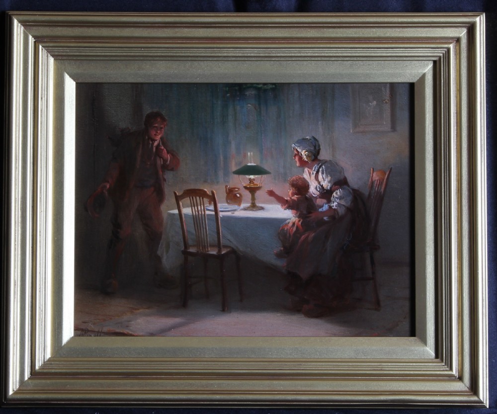 A pair of framed oil paintings depicting lamplit domestic scenes inside traditional 19th-century homes. View III