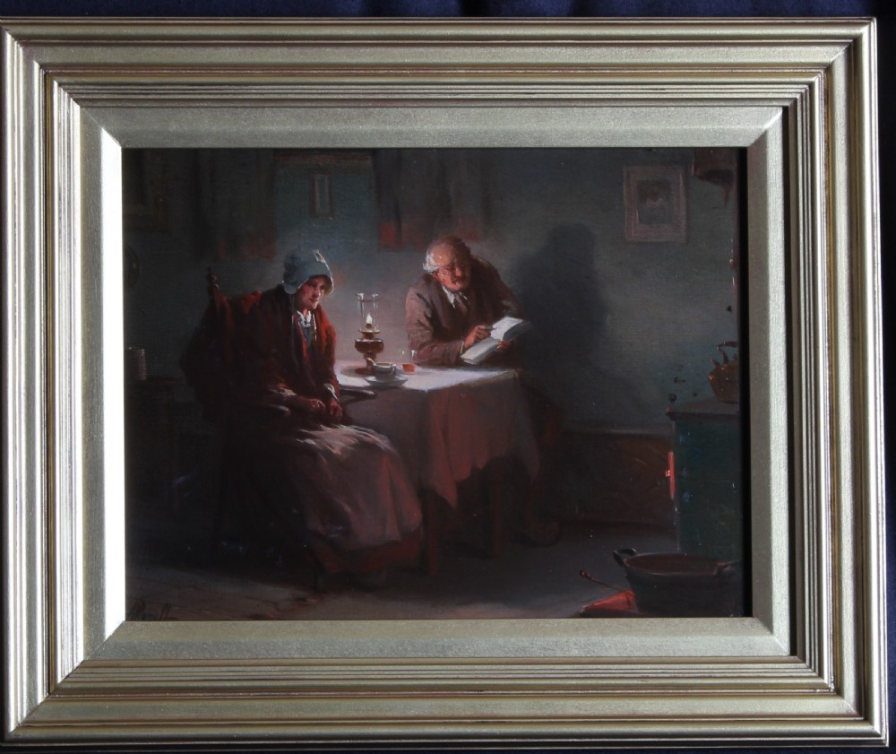 A pair of framed oil paintings depicting lamplit domestic scenes inside traditional 19th-century homes. View IX