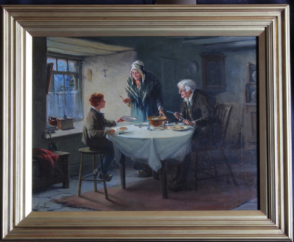 A pair of framed interior oil paintings depicting figures gathered around dining tables inside cottage rooms. View II