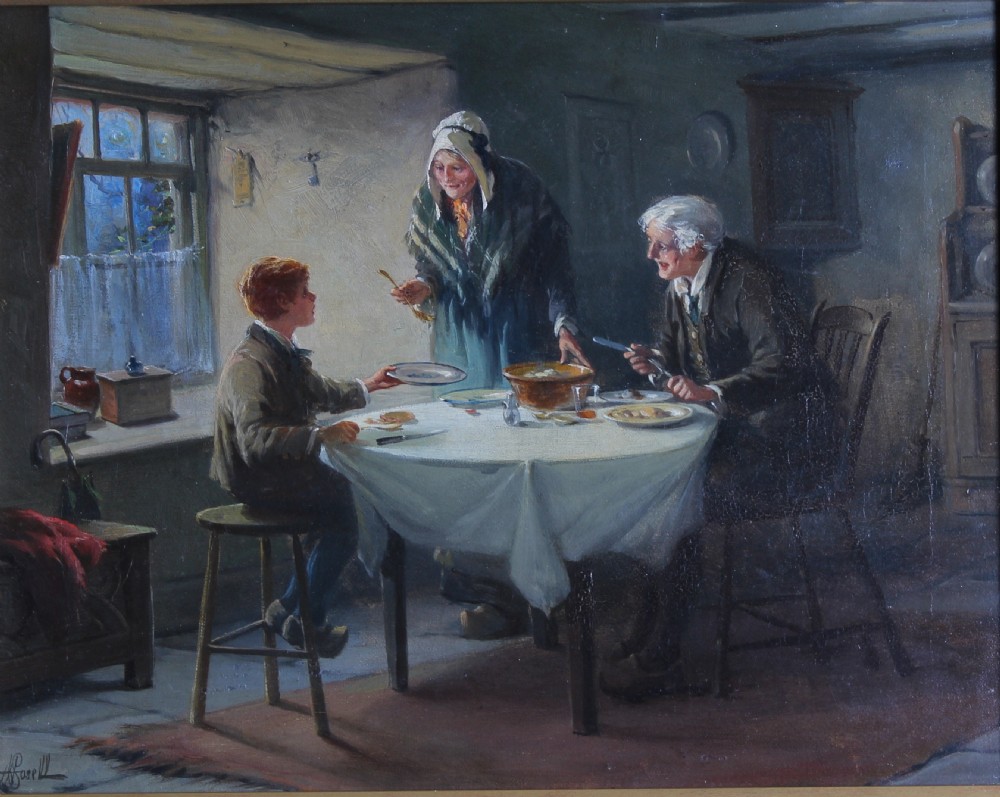 A pair of framed interior oil paintings depicting figures gathered around dining tables inside cottage rooms. View III