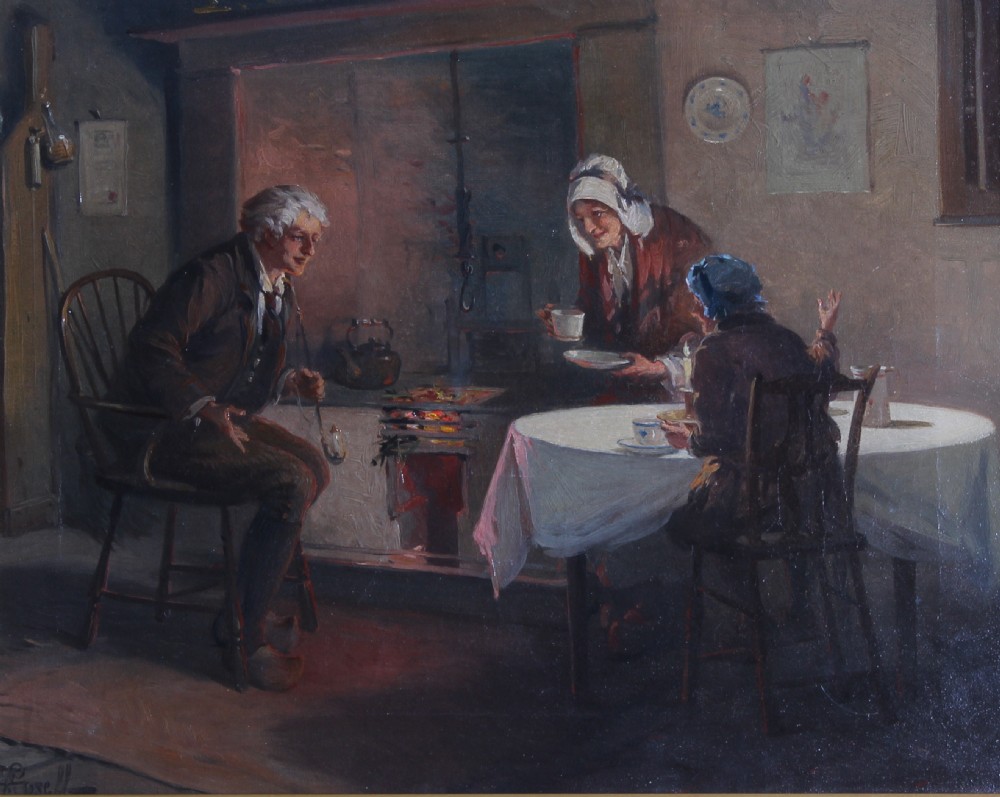 A pair of framed interior oil paintings depicting figures gathered around dining tables inside cottage rooms. View VII