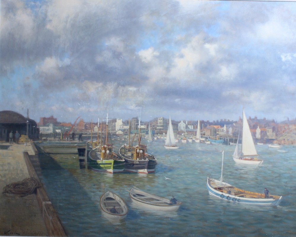 An oil painting depicting Bridlington harbour filled with moored fishing boats, sailboats, and a cloudy sky.