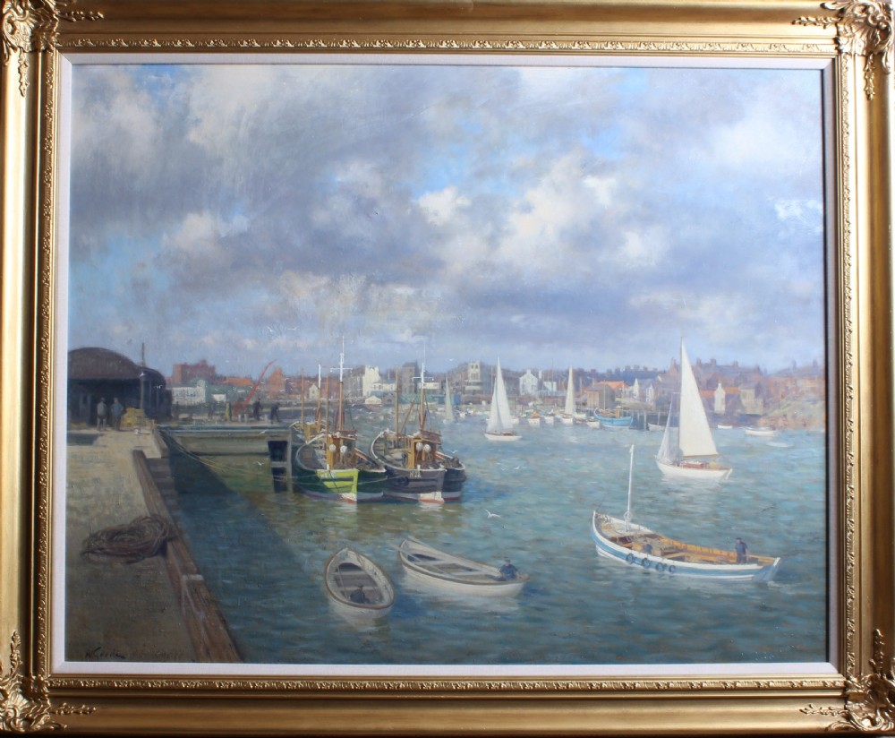 An oil painting depicting Bridlington harbour filled with moored fishing boats, sailboats, and a cloudy sky. View II