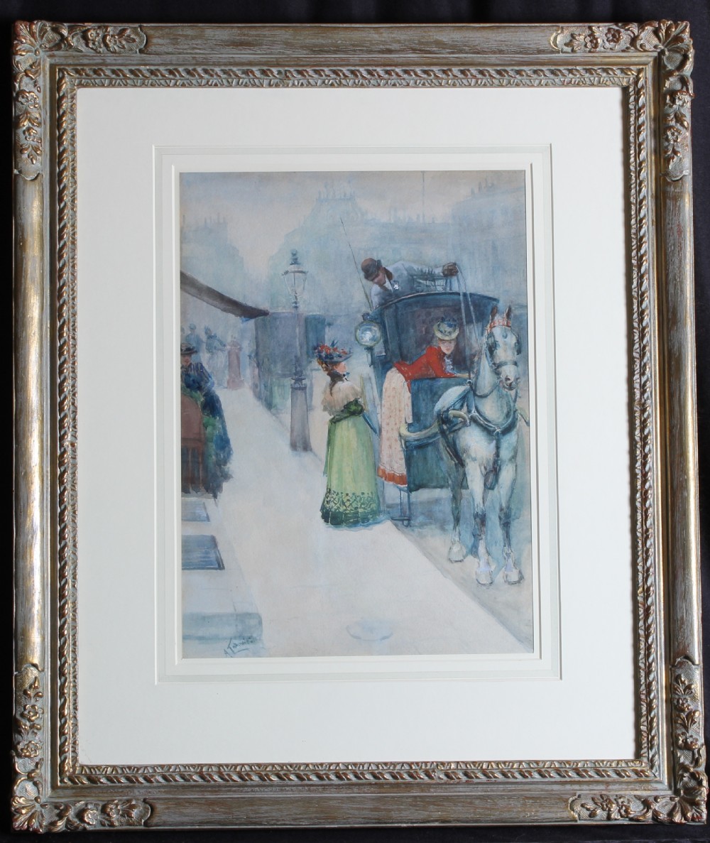An antique watercolour painting depicting a horse-drawn cab on a Parisian street with figures dressed in late nineteenth-century attire. View II