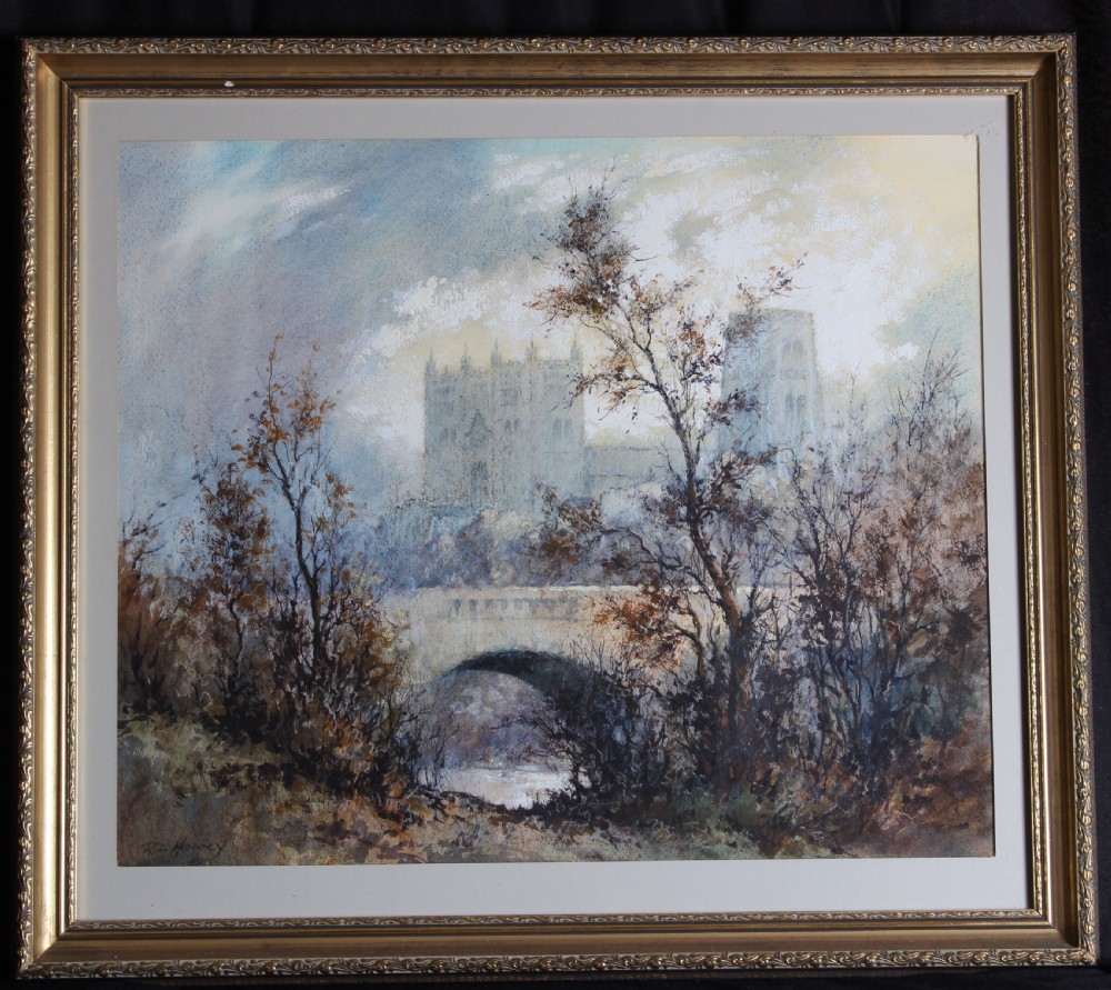 A watercolour painting depicting Durham Cathedral in the distance behind a stone bridge framed by bare winter trees. View II