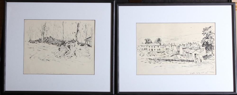 A pair of framed monochrome ink landscape drawings on paper depicting rural scenes in dark wooden frames.
