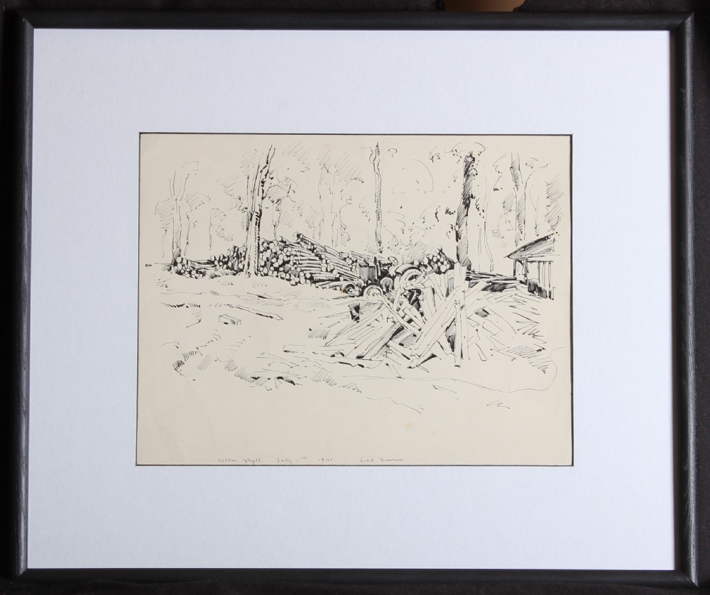 A pair of framed monochrome ink landscape drawings on paper depicting rural scenes in dark wooden frames. View II