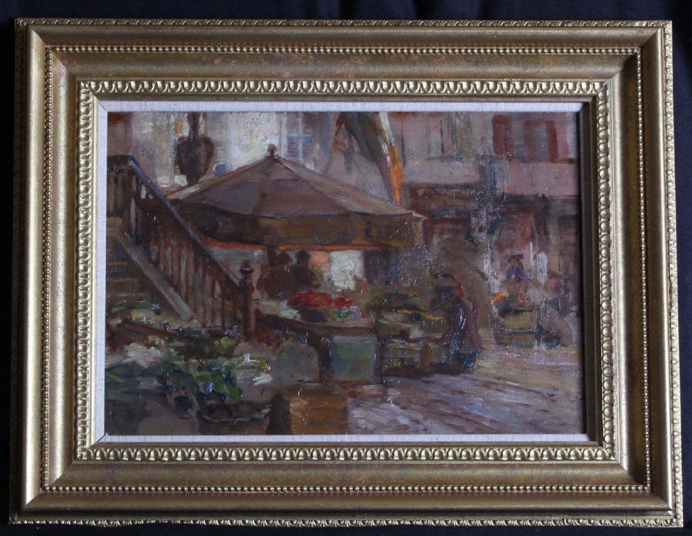 An impressionist oil painting depicting a Belgian outdoor market scene with stalls, figures, and architectural elements rendered in warm earth tones. View II
