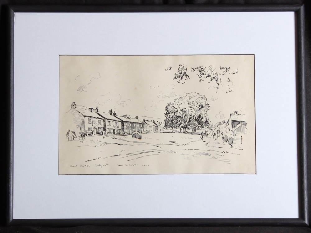 A monochrome ink line drawing on paper depicting a row of village cottages alongside a grassy green with mature trees in East Witton. View II