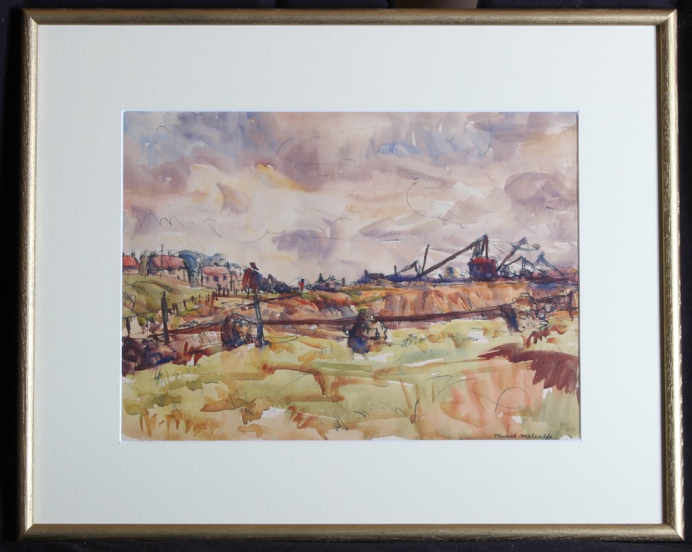 A mid-century watercolour painting depicting an industrial quarry landscape under a cloudy sky in muted ochre, brown, and light purple shades. View II