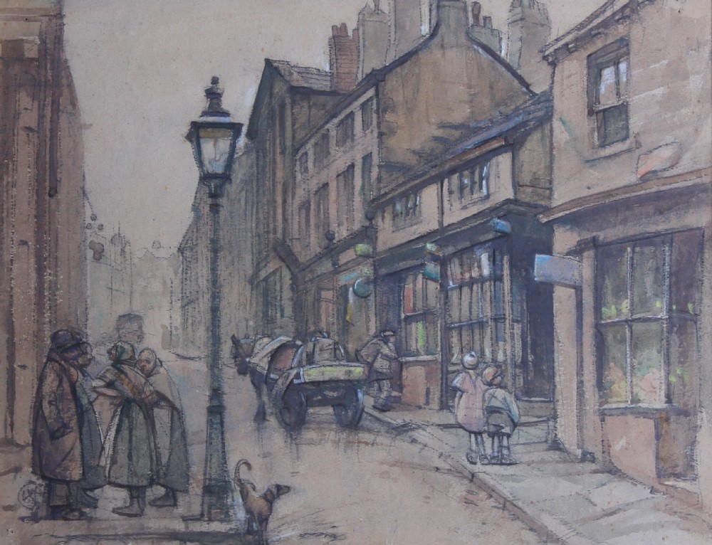 A watercolour painting depicting a historic Halifax street with shopfronts, a gas lamppost, figures standing together, and a horse-drawn cart.