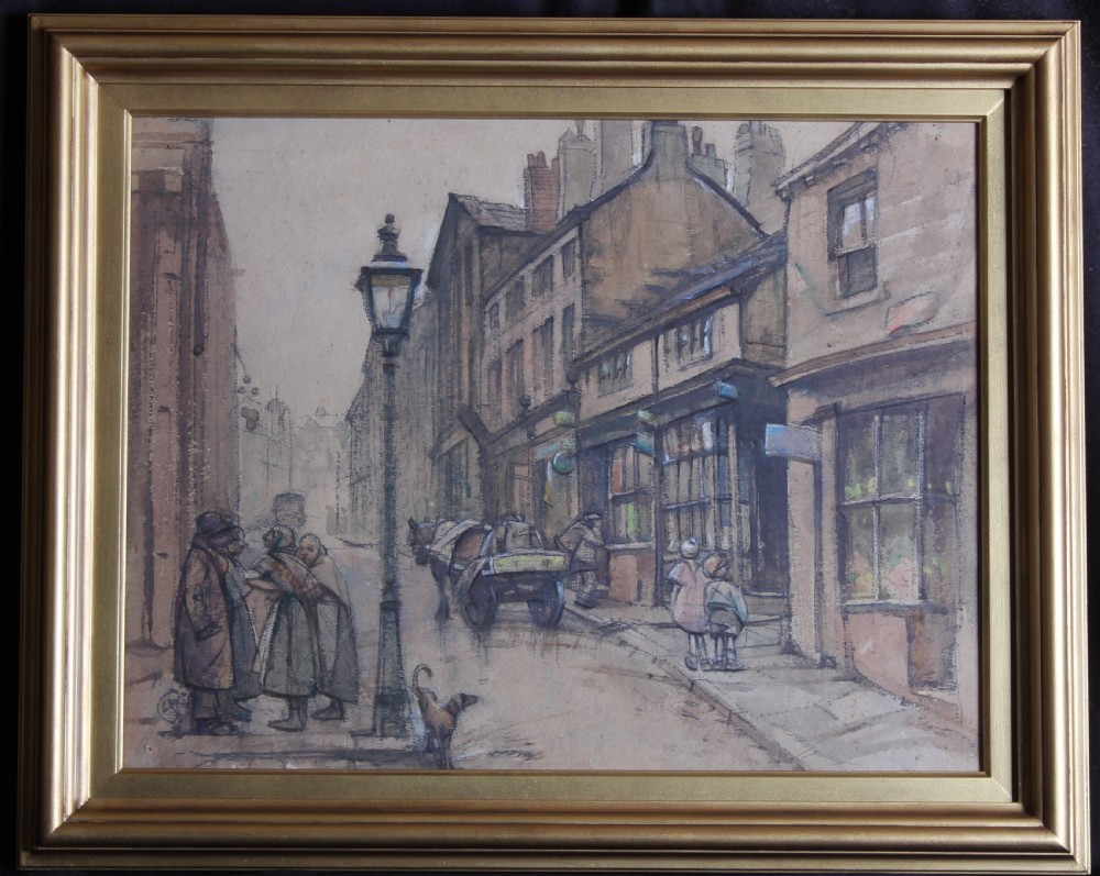 A watercolour painting depicting a historic Halifax street with shopfronts, a gas lamppost, figures standing together, and a horse-drawn cart. View II