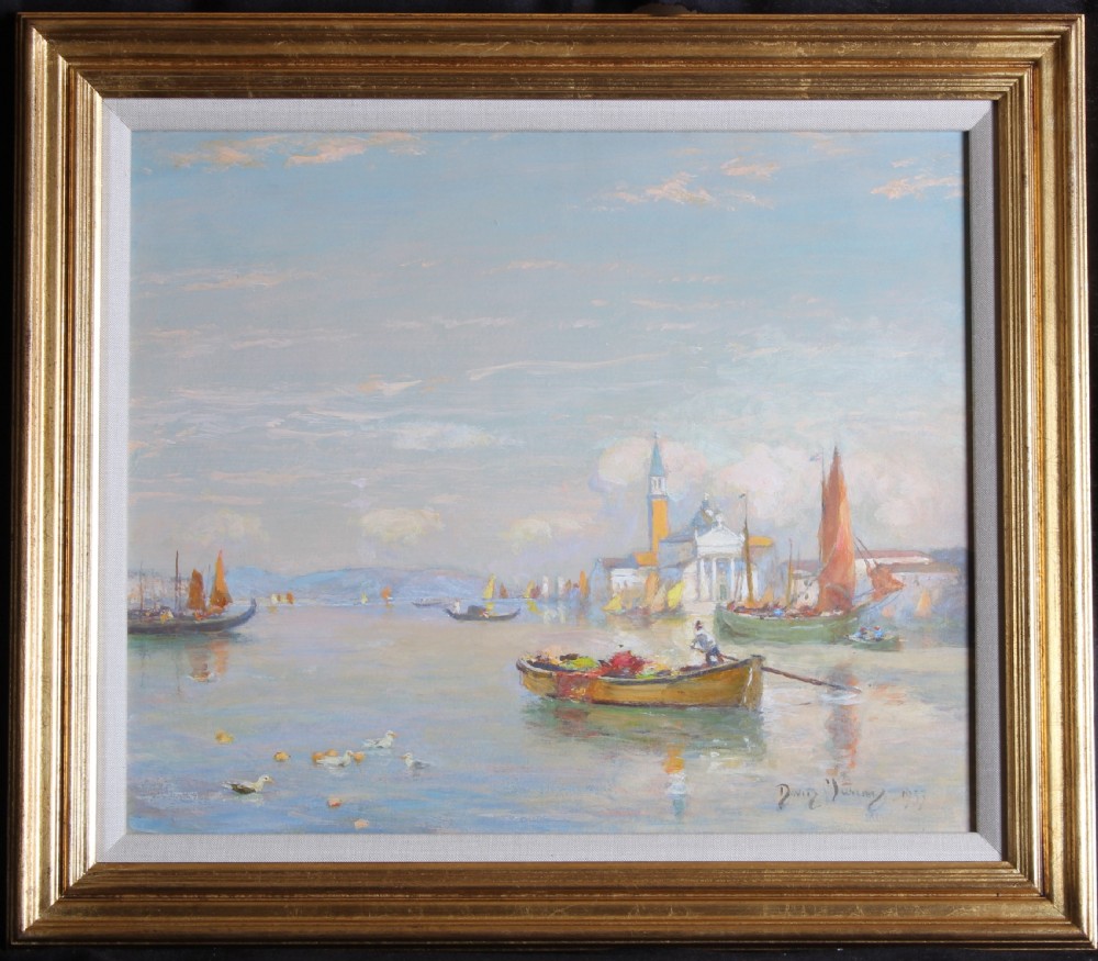 An impressionist oil painting on canvas depicting a luminous Venetian harbour with boats and San Giorgio Maggiore under a pale blue sky. View II