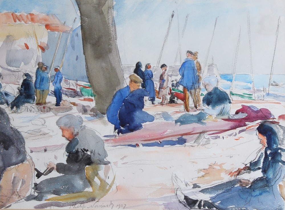 A watercolour painting depicting figures seated along a shore mending fishing nets beside boats, executed in shades of blue, grey, and ochre.