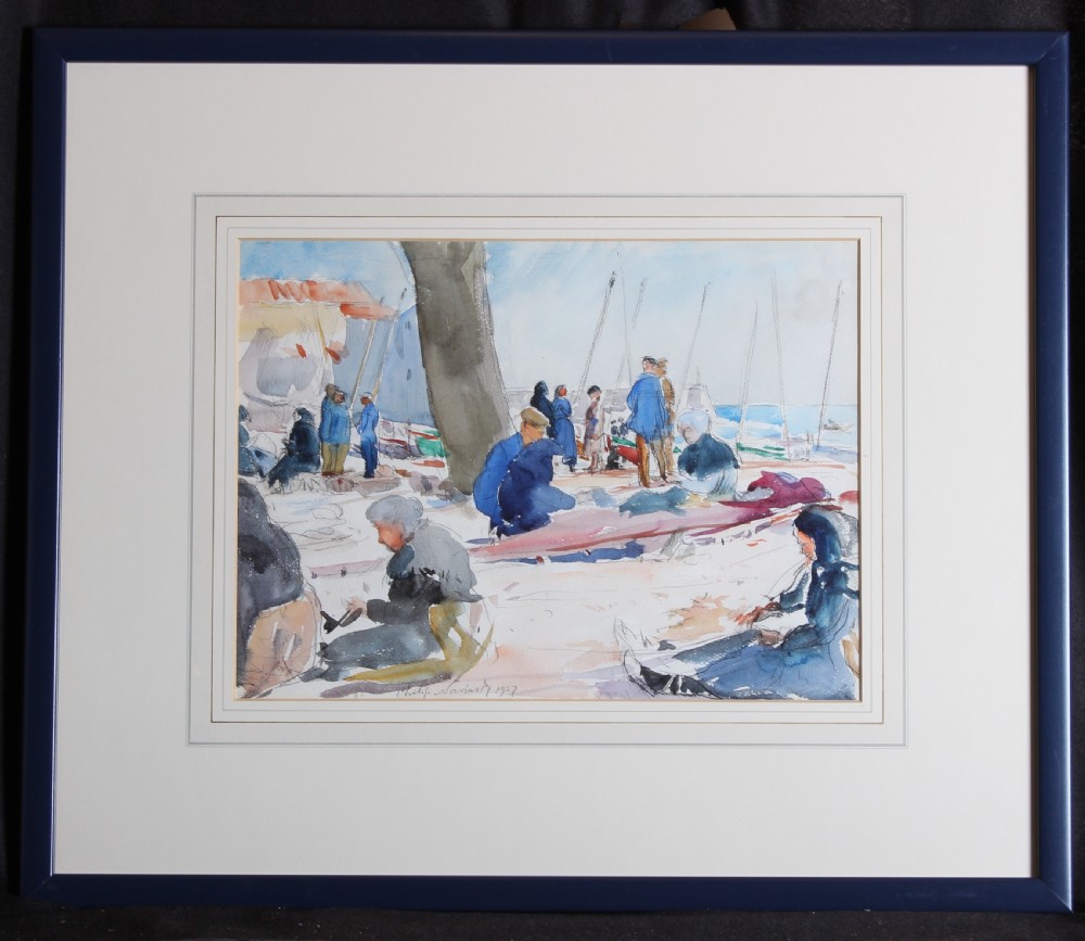 A watercolour painting depicting figures seated along a shore mending fishing nets beside boats, executed in shades of blue, grey, and ochre. View II