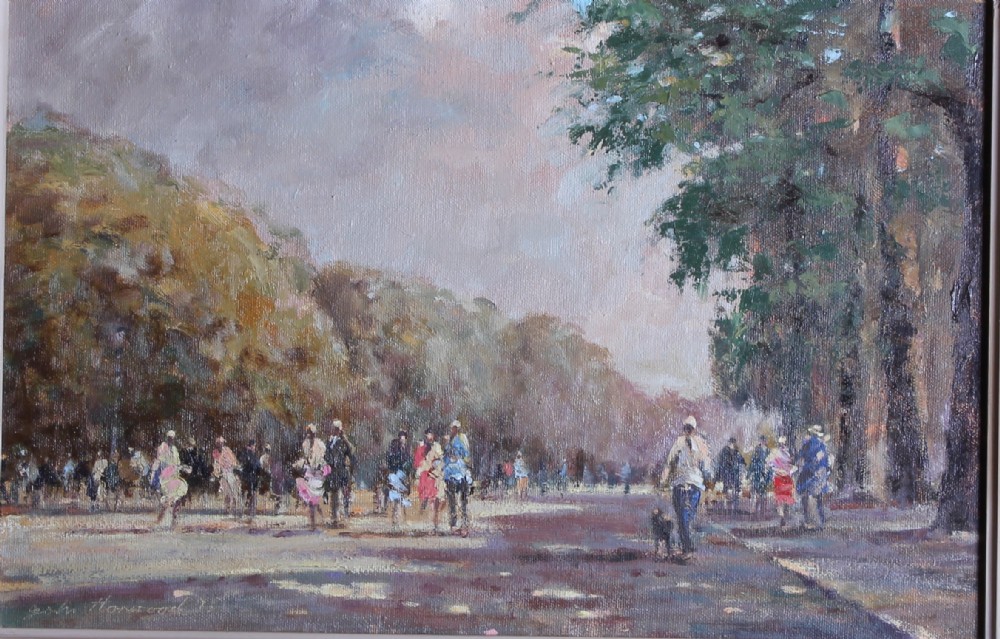 An impressionist oil painting on canvas depicting people walking along a tree-lined avenue in Hyde Park under a cloudy sky.
