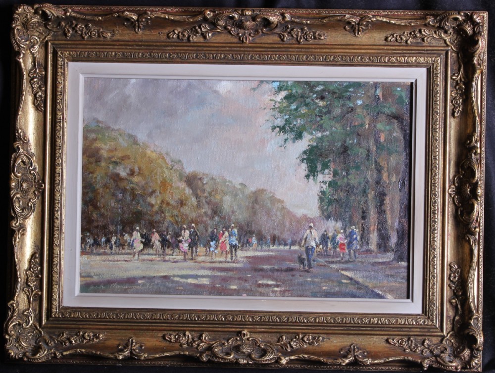 An impressionist oil painting on canvas depicting people walking along a tree-lined avenue in Hyde Park under a cloudy sky. View II