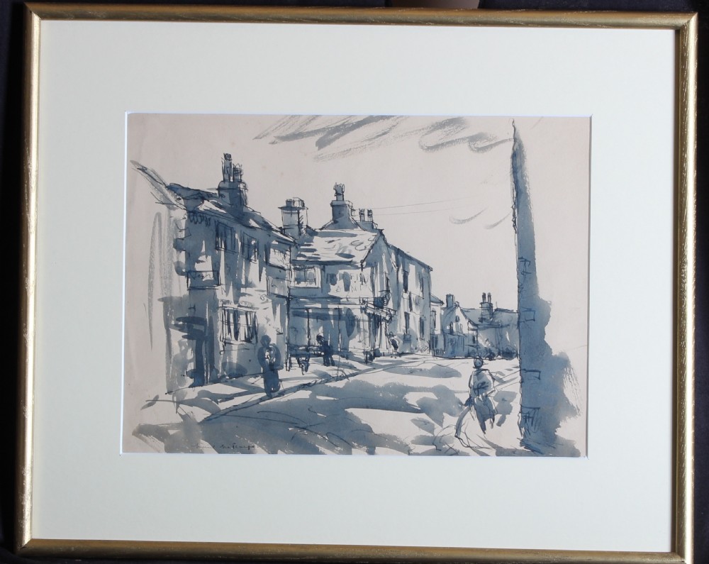 A monochrome blue and grey watercolour sketch depicting a historic street scene in Heaton, Bradford with stone buildings, chimney pots, and figures. View II