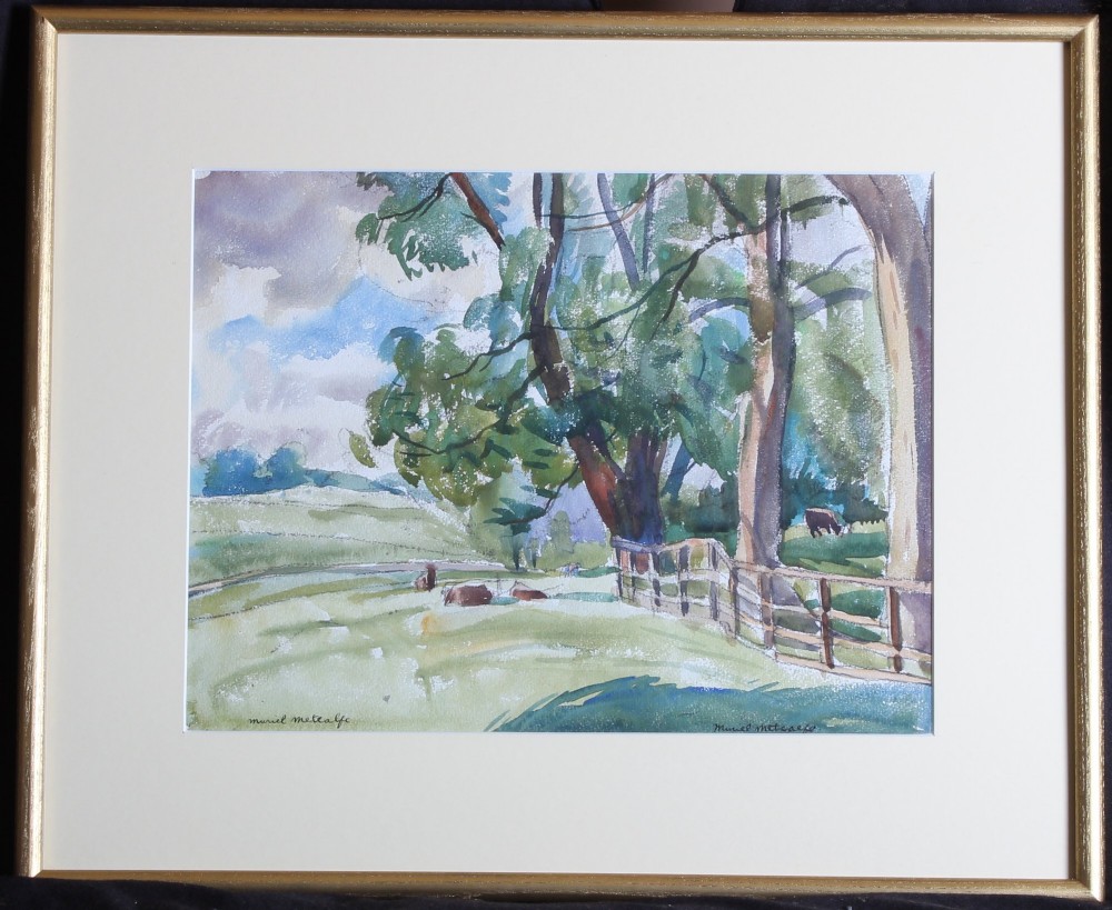 A watercolour landscape painting depicting leafy trees, rolling green pastures, wooden fencing, and grazing livestock under a cloudy sky. View II