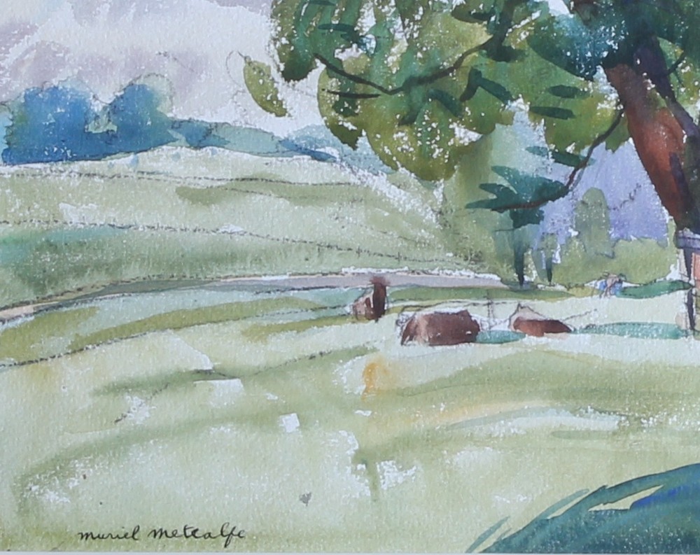A watercolour landscape painting depicting leafy trees, rolling green pastures, wooden fencing, and grazing livestock under a cloudy sky. View III