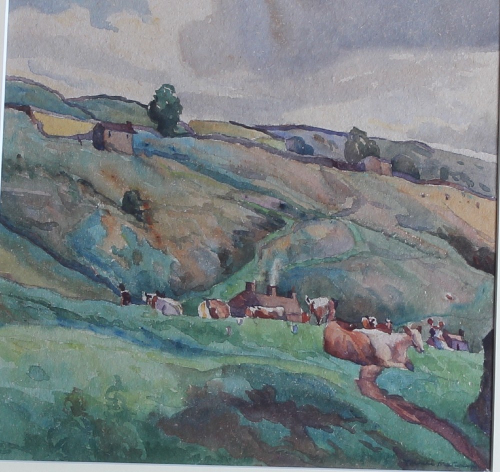 A watercolour landscape painting depicting leafy trees, rolling green pastures, wooden fencing, and grazing livestock under a cloudy sky. View IV