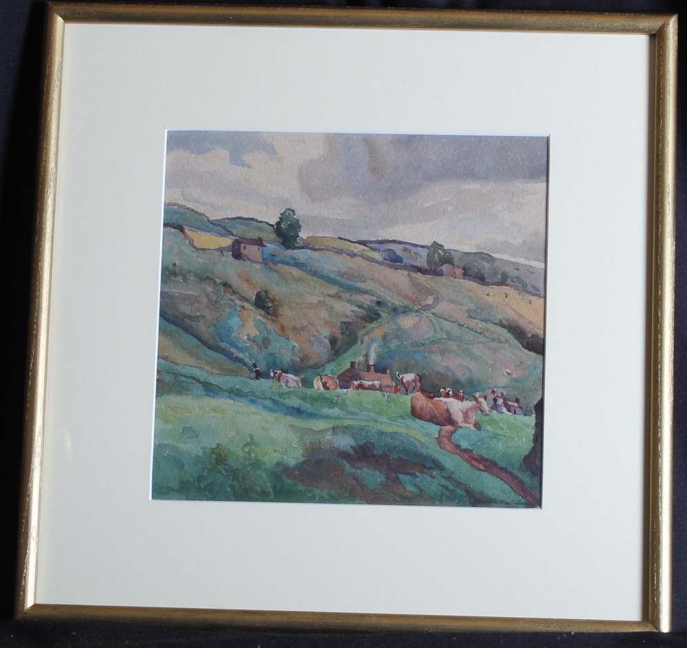 A watercolour landscape painting depicting leafy trees, rolling green pastures, wooden fencing, and grazing livestock under a cloudy sky. View V