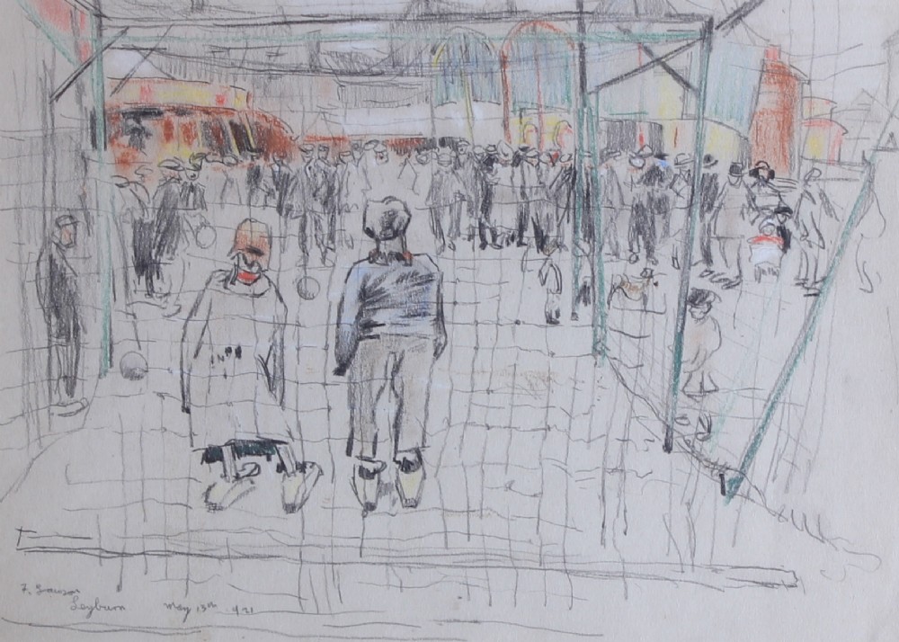 An original graphite pencil and ink drawing on paper depicting a crowd scene at the Leyburn May Fair, dated 13 May 1921.