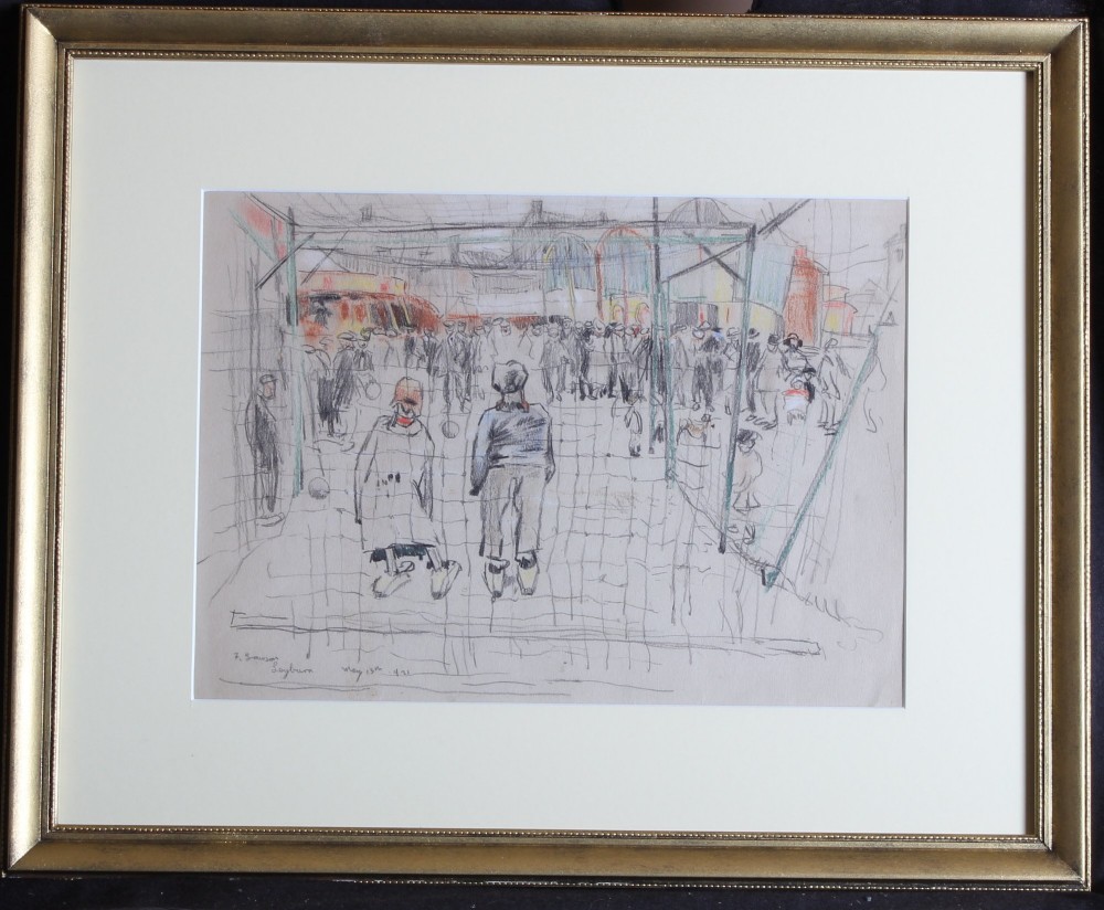 An original graphite pencil and ink drawing on paper depicting a crowd scene at the Leyburn May Fair, dated 13 May 1921. View II