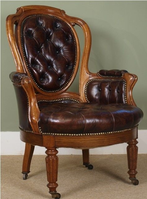 Superb French Oak Leathered Library Chair