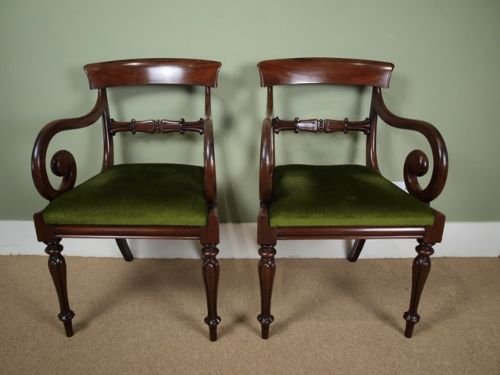 Pair of Georgian Mahogany Scroll Arm Chairs
