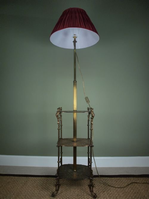 Edwardian Brass Standard Lamp Whatnot