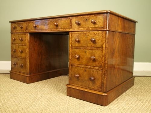 Victorian Figured Walnut Pedestal Desk