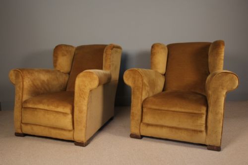 Very Large Pair French Club Chairs