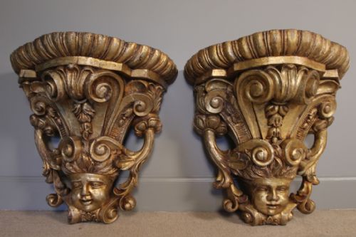 Large Pair of 19th C Giltwood Wall Mounted Console Tables