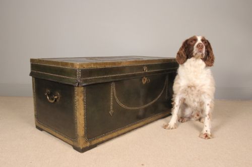 19th C Large Leather Bound Camphor Officers Trunk