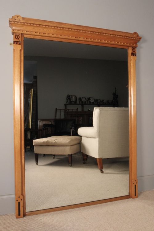 19th C Oak Inlaid Overmantle Mirror