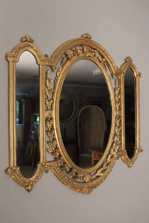 Superb 19th C. Giltwood Triple Plate Overmantle Wall Mirror