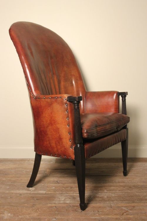 19th Century High Back Upholstered Leather Library  Armchair