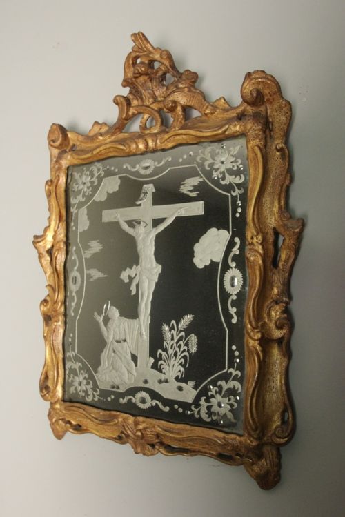 Small 18th Century Italian Giltwood Mirror with Engraved Mirror Plate