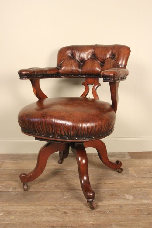 19th Mahogany & Leather Swivel Desk Office Chair