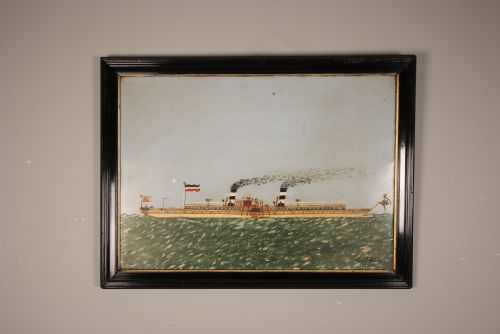 Naive Portrait of a Paddle Steamer - Oil on Tin