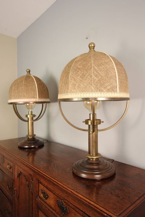 Large Pair of Brass Lamps with Original Shades