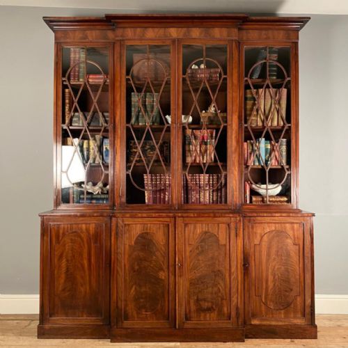 Georgian Mahogany Breakfront Bookcase Cabinet