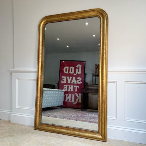 Large 19th C Sgrafitto Giltwood Wall Mirror with Mercury Plate