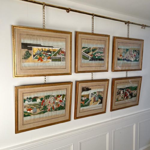 Decorative Set of 6 Gouache Japanese Pictures