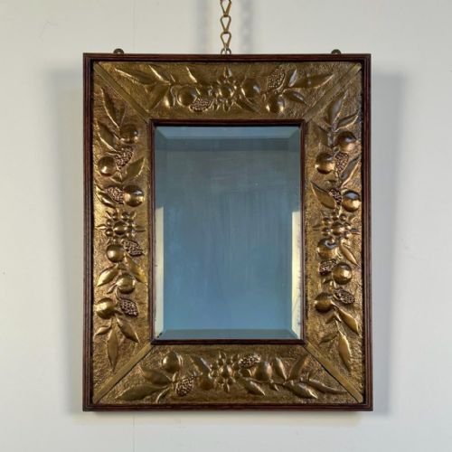 Arts & Crafts Oak & Repousse Brass Mirror