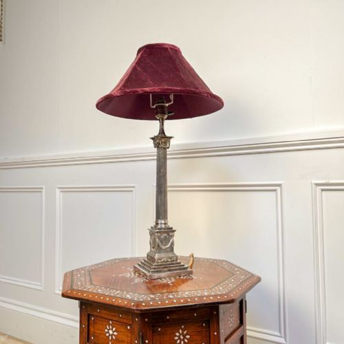 19th C Silver Plate Corinthian Column Table Lamp