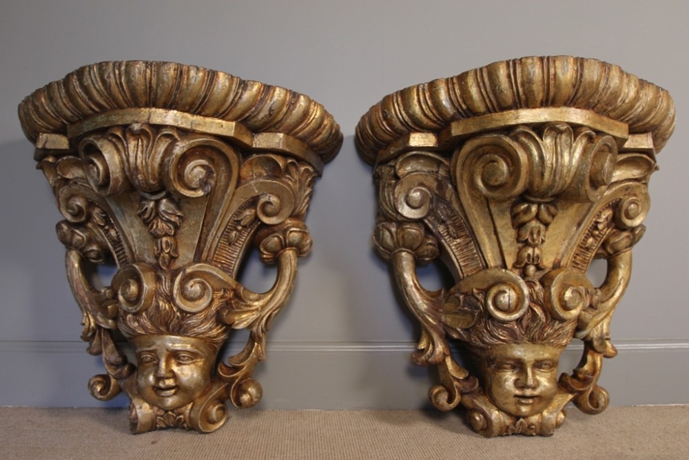 Large Pair of 19th C Giltwood Wall Mounted Console Tables