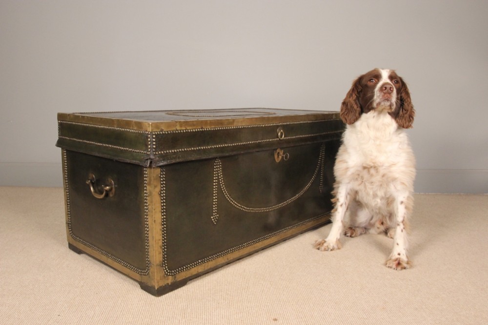 19th C Large Leather Bound Camphor Officers Trunk
