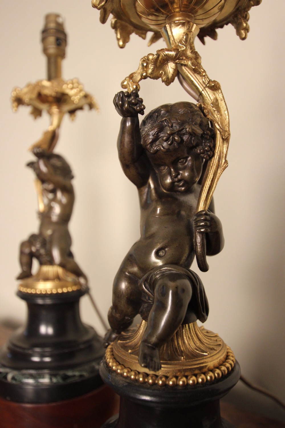 A Pair of Bronze, Ormolu & Marble Cherub Lamps View IV